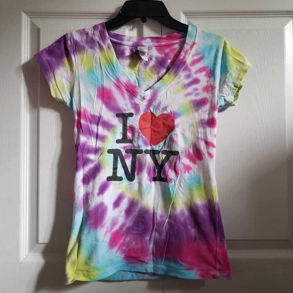 Vintage/Y2K I Love New York Women's T-Shirt Large Multicolor Tie-Dye V-Neck